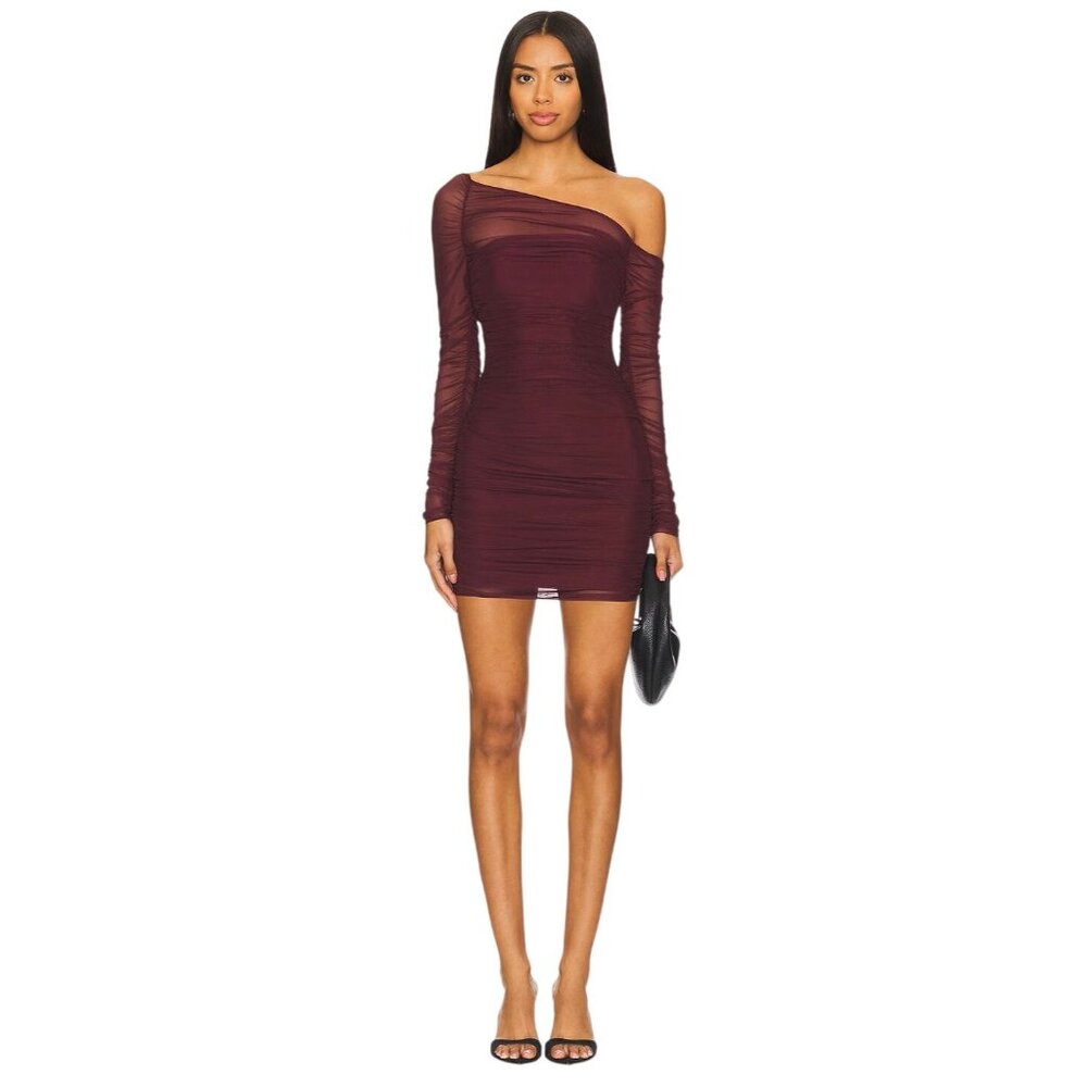 SEROYA Chantae Dress in Merlot Small New Womens Midi Stretch Mesh